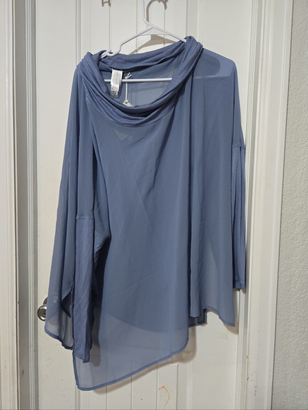 WynneLayers NWT Blue Sheer Cowl Neck Tunic Top 1X Asymmetrical Long Sleeve